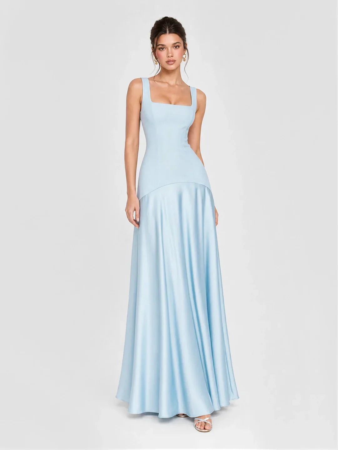 Square Neck Satin Patchwork Maxi Dress