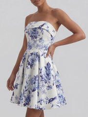 Toile de Jouy Blue and White Floral Bandeau Mini Dress