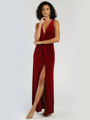 Elegant Draped Twist Front Velvet Maxi Dress