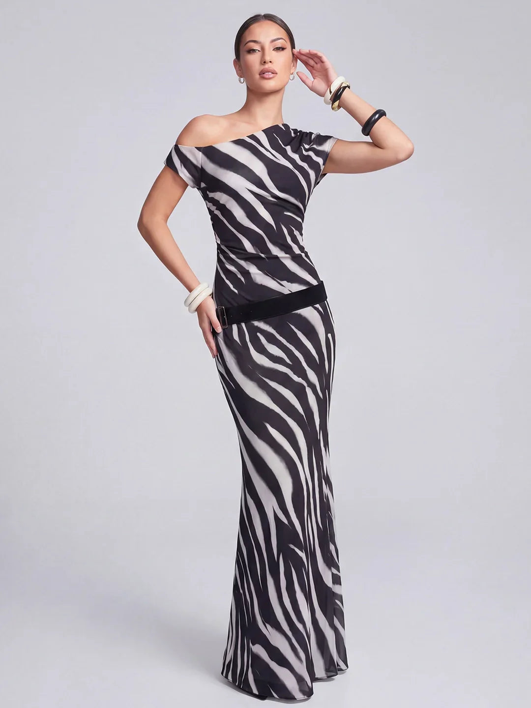 Zebra Printed Mesh Asym Neck Maxi Dress
