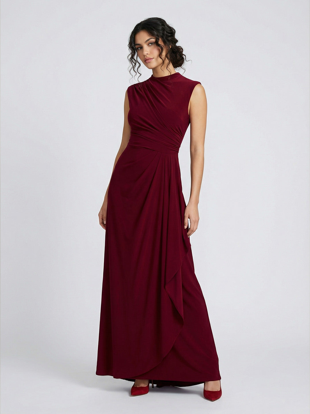 Luxurious High-Neck Ruched Draped Evening Gown
